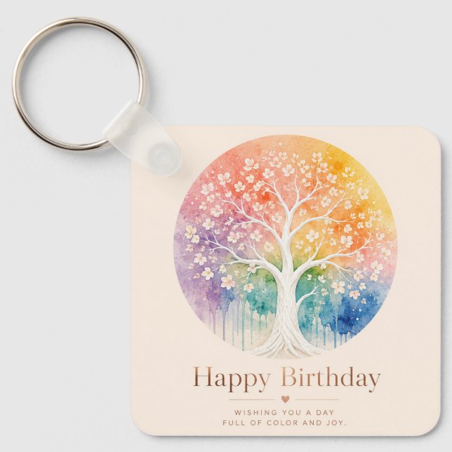 Rainbow Blossom Tree Birthday Joy Key Ring (Front)