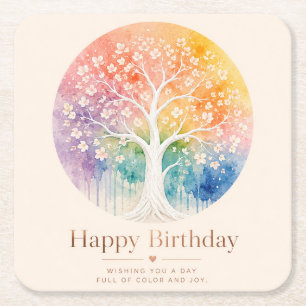 Rainbow Blossom Tree Birthday Joy Square Paper Coaster