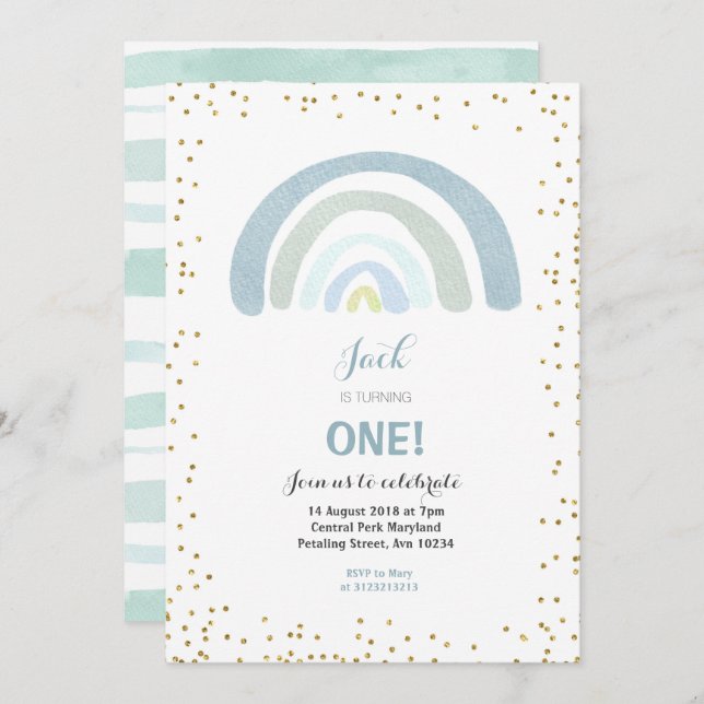 Rainbow Blue 1st Birthday Invitation Boy (Front/Back)