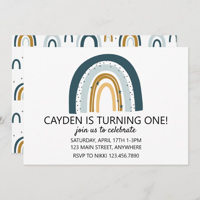 Rainbow Blue and brown boy birthday invite (Front/Back)