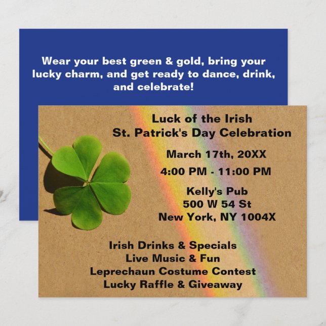 Rainbow Blue & Green Clover Drinking Irish   Invitation (Front/Back)