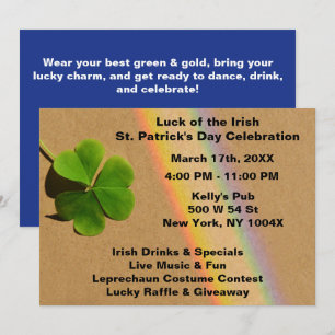 Rainbow Blue & Green Clover Drinking Irish   Invitation