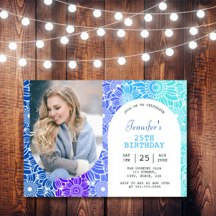 Rainbow Blue Stripes Floral Arch Photo Birthday  Invitation
