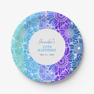 Rainbow Blue Stripes Floral Birthday Paper Plate