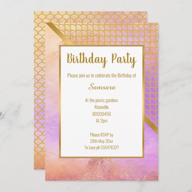 RAINBOW BLUR GOLD MERMAID SCALE BIRTHDAY  INVITATION (Front/Back)