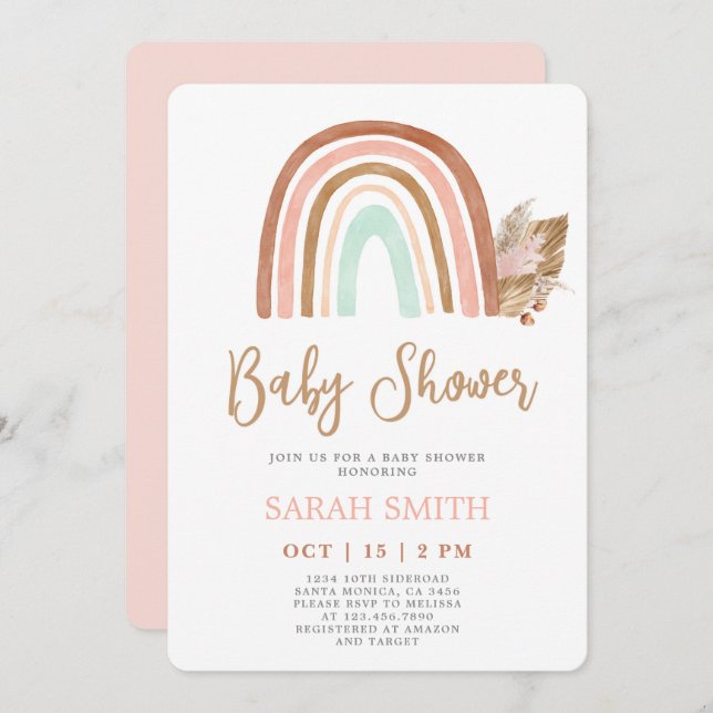 Rainbow Blush pink boho Baby Shower girl Invitation (Front/Back)
