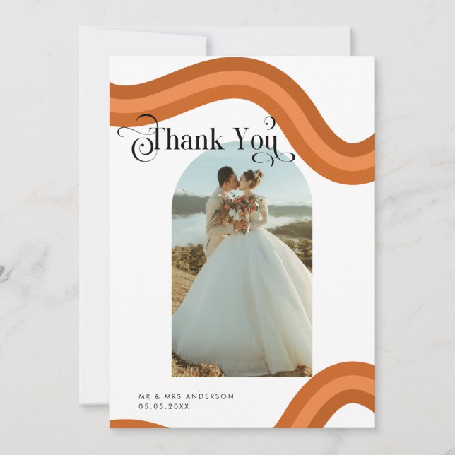 Rainbow Boho Arch Photo Retro Script 70s Wedding  Thank You Card (Front)
