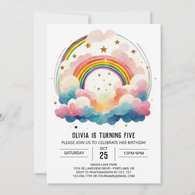 Rainbow Boho Clouds Girl Birthday Invitation (Front)