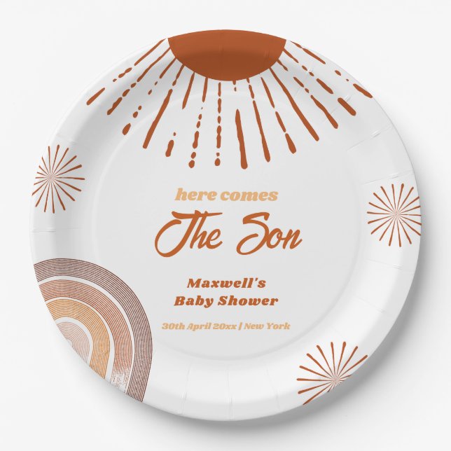 Rainbow Boho Here Comes The Son Baby Shower  Paper Plate (Front)