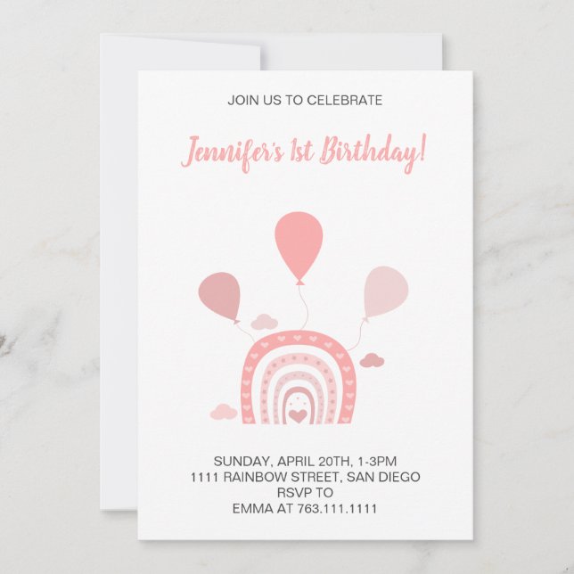 Rainbow Boho Pastel Pink First Birthday Photo Invitation (Front)