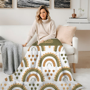 Rainbow Boho Personalised Green White Brown Fleece Blanket