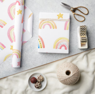 Rainbow Boho Pink Pattern Girly Birthday Wrapping Paper