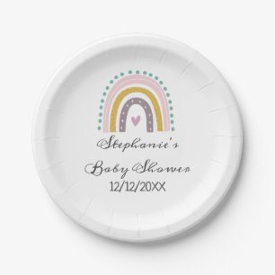Rainbow, Boho, Pink, Teal, Hearts, Baby Shower  Paper Plate