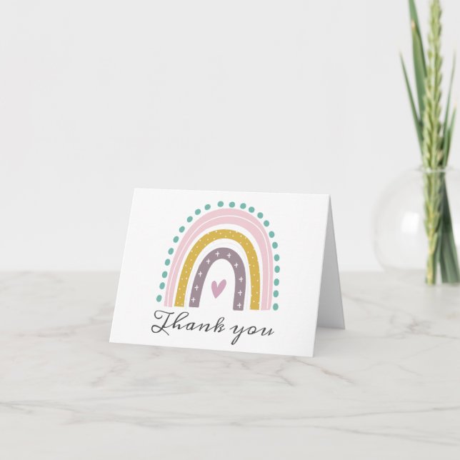 Rainbow, Boho, Pink, Teal, Hearts, Purple Gold Thank You Card (Front)