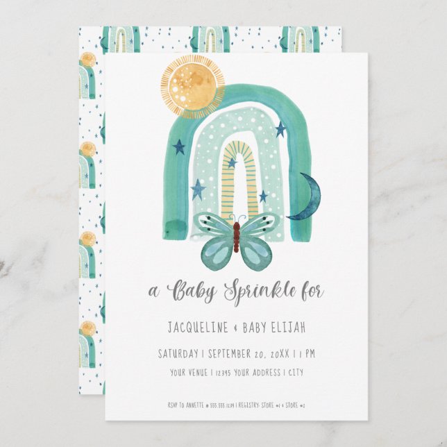 Rainbow Boho Watercolor Modern Teal Blue Sun Moon Invitation (Front/Back)