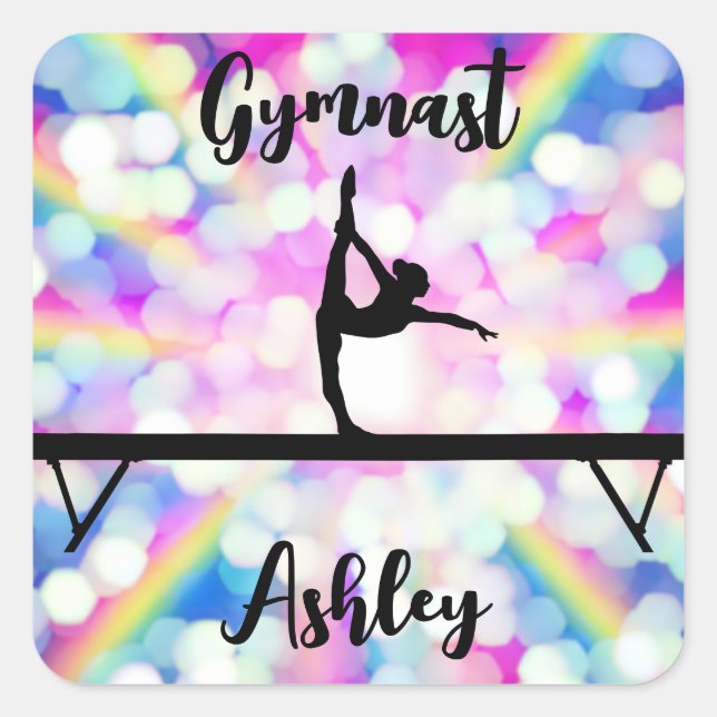 Rainbow Bokeh Blast Gymnastics Beam Personalised   Square Sticker (Front)