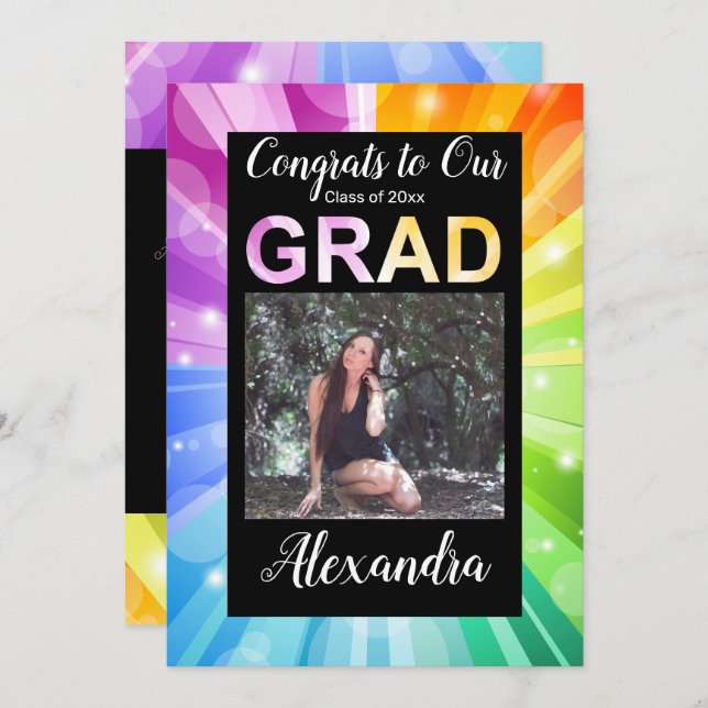 Rainbow Bokeh Bubble Art Photo Graduation Invitation (Front/Back)