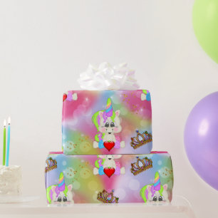 Rainbow Bokeh Unicorns and Crowns  Wrapping Paper