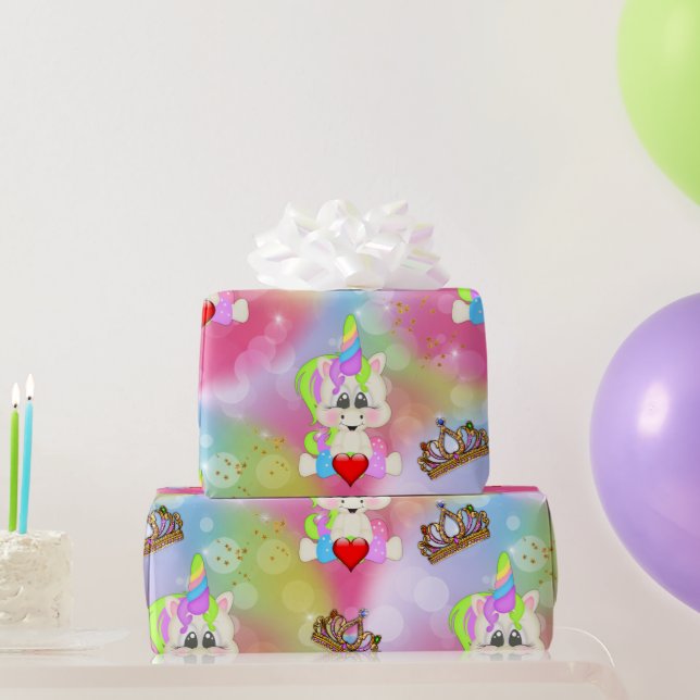 Rainbow Bokeh Unicorns and Crowns  Wrapping Paper (Party Gifts)