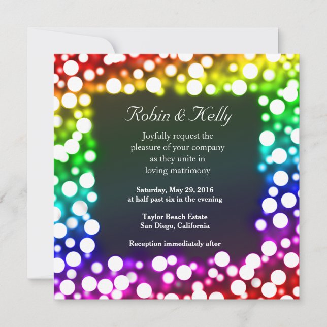 Rainbow bokeh wedding invitation (Front)