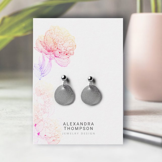 Rainbow Bold Peonies Floral Sketch Jewellery Displ Business Card (floral earrings jewelry display card rainbow peonies art sketch modern minimalist elegant template)