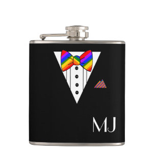 Rainbow Bow Tie Black Tuxedo Monogrammed Hip Flask
