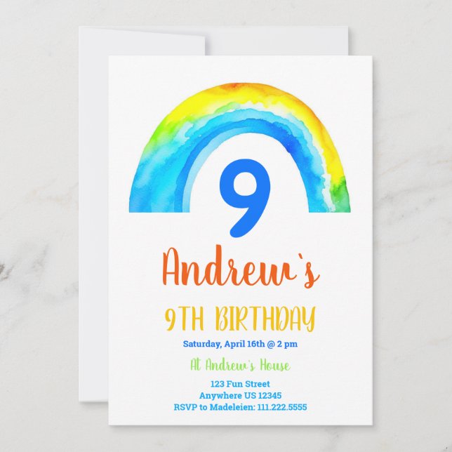Rainbow Boys 9th birthday  Invitation (Front)