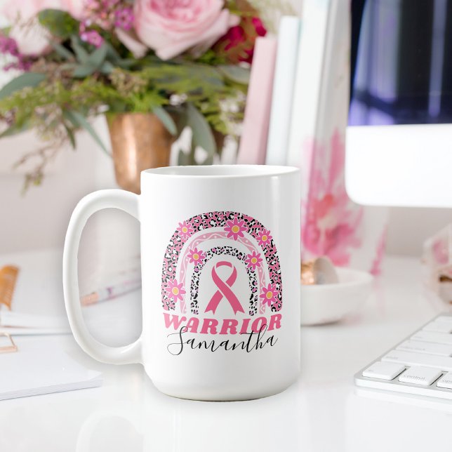 Rainbow Breast Cancer Warrior with Name Coffee Mug (A great gift idea for a breast cancer warrior and her courageous fight.)