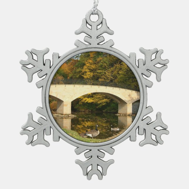 Rainbow Bridge in Fall at Grove City College Snowflake Pewter Christmas Ornament (Front)