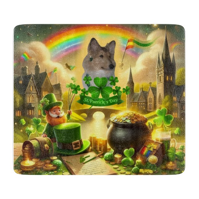 Rainbow Bridge Sable Collie on St. Patrick's Day Cutting Board (Front)