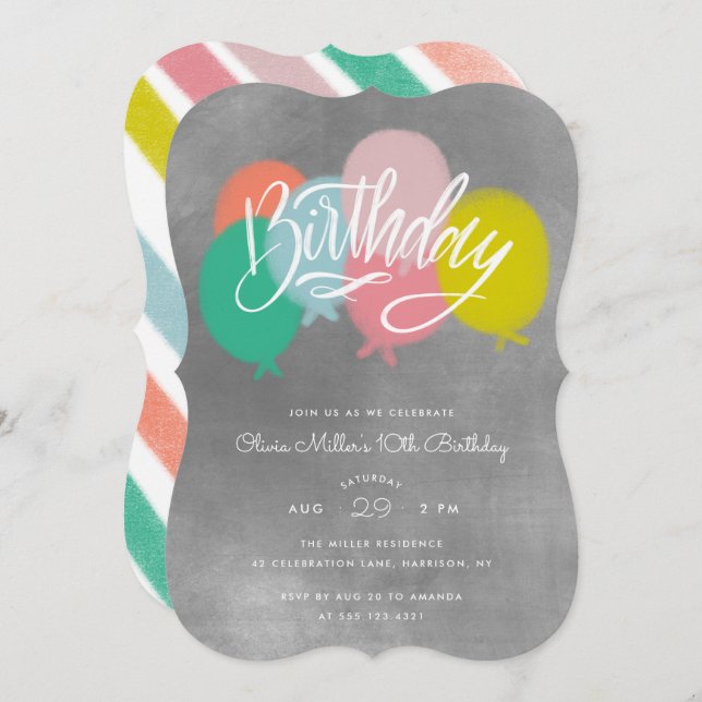 Rainbow Bright Balloons Birthday Party Grey Invitation (Front/Back)