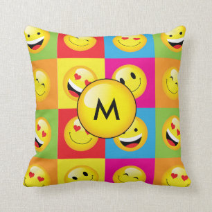 Rainbow Bright Monogram Emoji Art Pattern Cushion