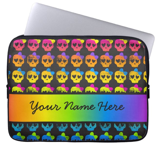 Rainbow Bright Skulls with Bows Personalised  Laptop Sleeve (Front)