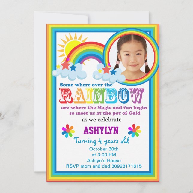 Rainbow brithday your child's photo invitation (Front)