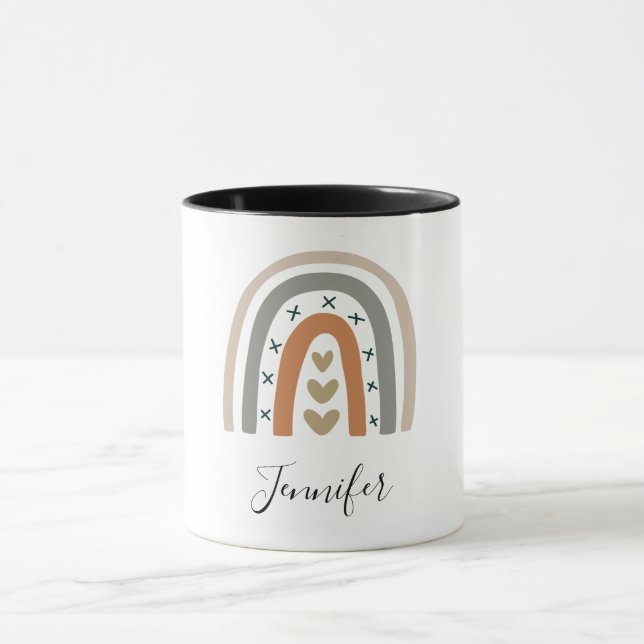 Rainbow brown beige grey modern white name mug (Center)