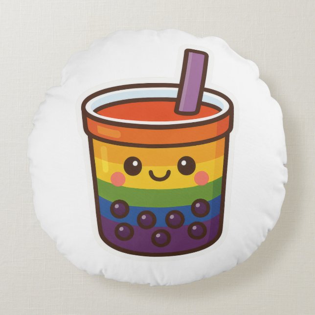 Rainbow Bubble Tea LGBTQ+ Pride Round Cushion (Front)