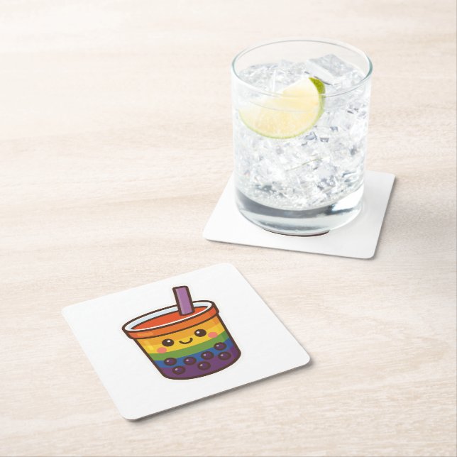 Rainbow Bubble Tea LGBTQ+ Pride Square Paper Coaster (Insitu)