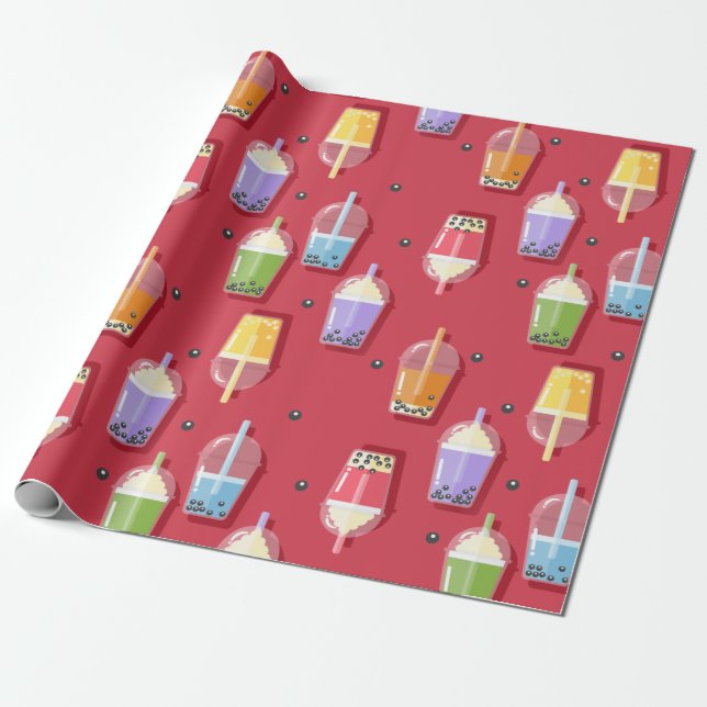 rainbow bubble teas pink wrapping paper (Unrolled)