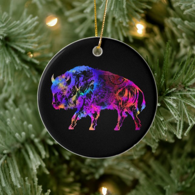 Rainbow Buffalo Bison Ceramic Ornament (Tree)