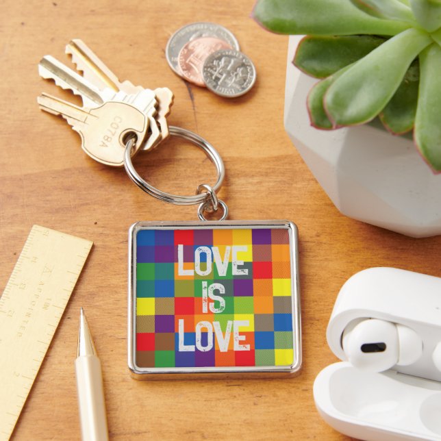 Rainbow Buffalo Check Pride Plaid Personalise Key Ring (Desk)