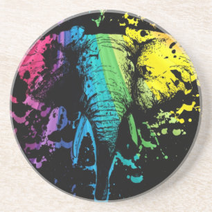 Rainbow Bull Elephant on Black Coaster