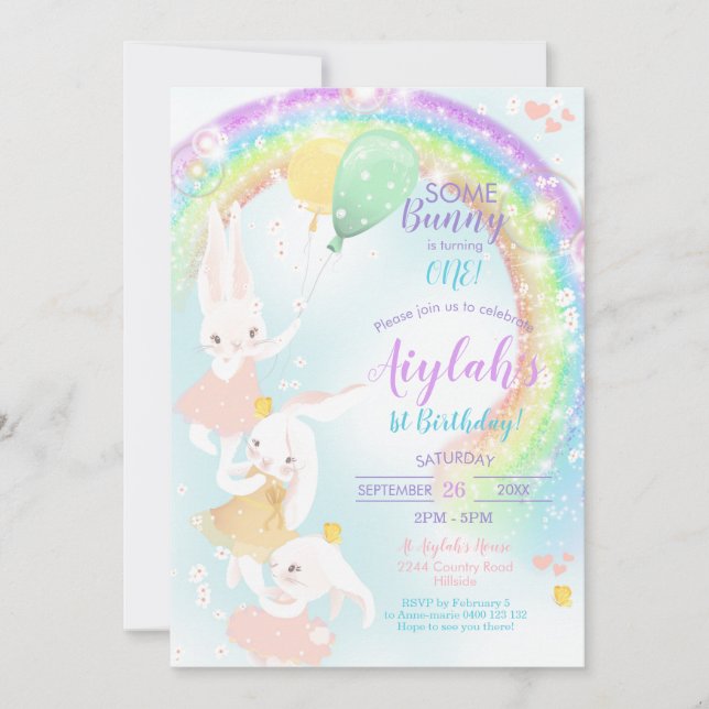 Rainbow Bunny 1st Birthday Invitation (Front)