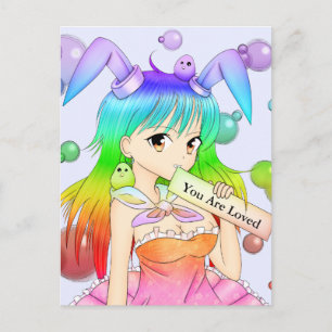 Rainbow Bunny Anime Girl Postcard