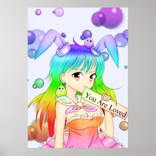 Rainbow Bunny Anime Girl Poster