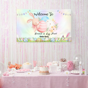 Rainbow bunny hunting egg Happy Easter day Party Banner