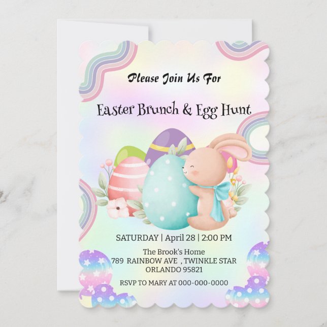 Rainbow bunny hunting egg Happy Easter day Party Invitation (Front)