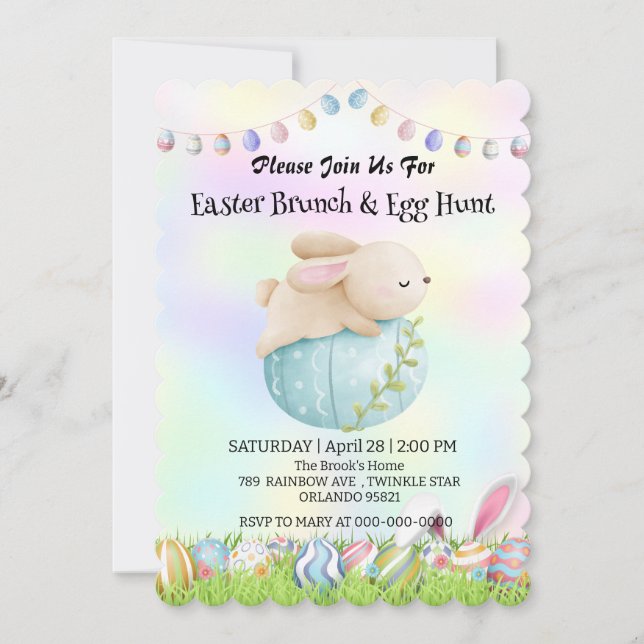 Rainbow bunny hunting egg Happy Easter day Party Invitation (Front)