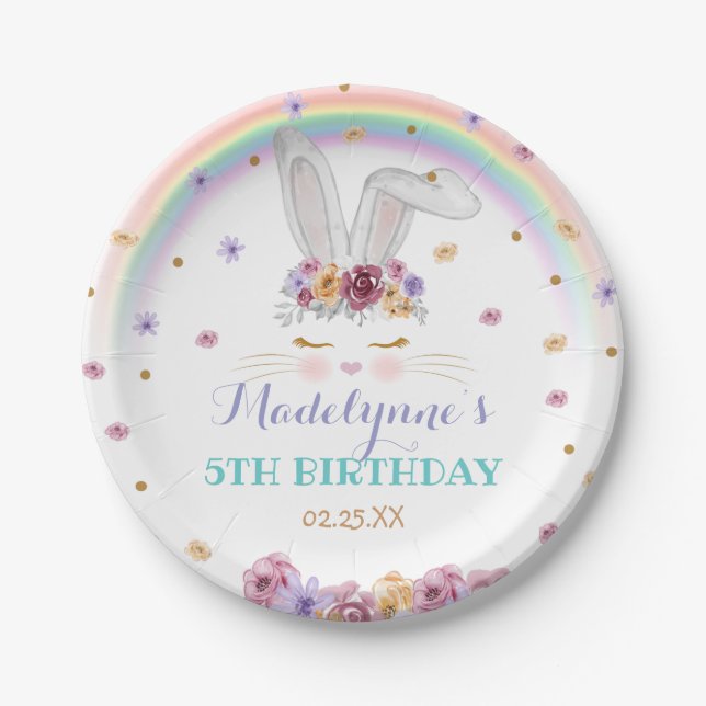 Rainbow Bunny Watercolor Floral Bunny Birthday Paper Plate (Front)