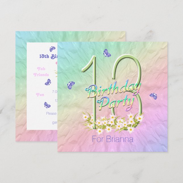 Rainbow Butterflies 13th Birthday Party Invitation (Front/Back)