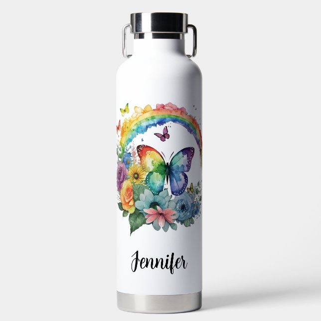 Rainbow butterflies and flowers water bottle (Front)